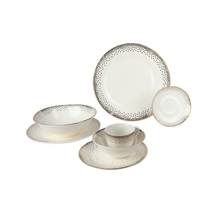 Set farfurie și bol din porțelan cu puncte aurii